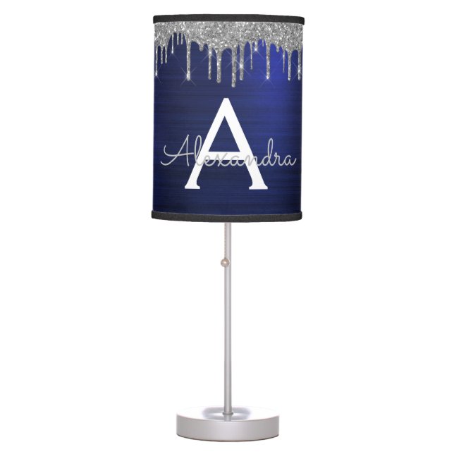 Silver Navy Blue Glitter Sparkle Monogram Name Table Lamp (Front)