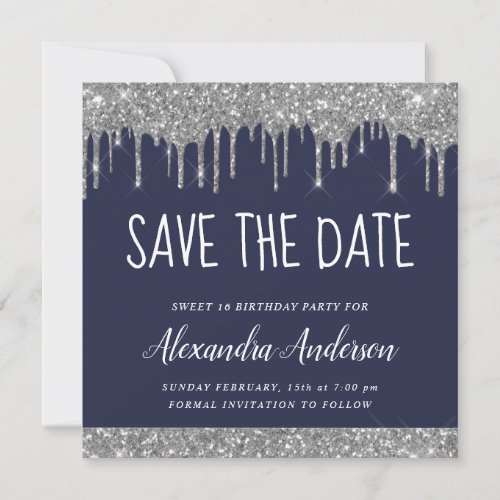 Silver Navy Blue Glitter Sweet 16 Save the Date Invitation