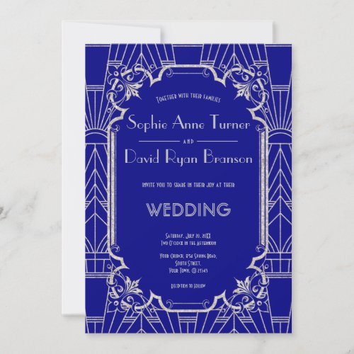 Silver Navy Blue Great Gatsby Art Deco 20s Wedding Invitation