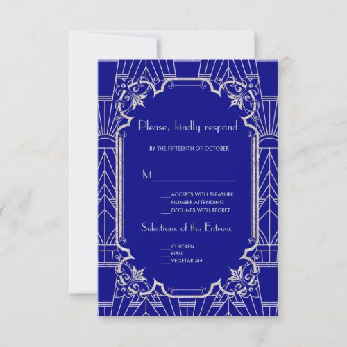 Silver Navy Blue Great Gatsby Art Deco 20s Wedding RSVP Card
