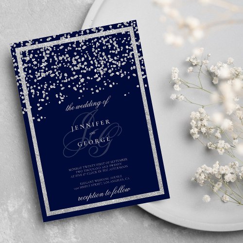 Silver navy blue initials confetti glitter wedding invitation