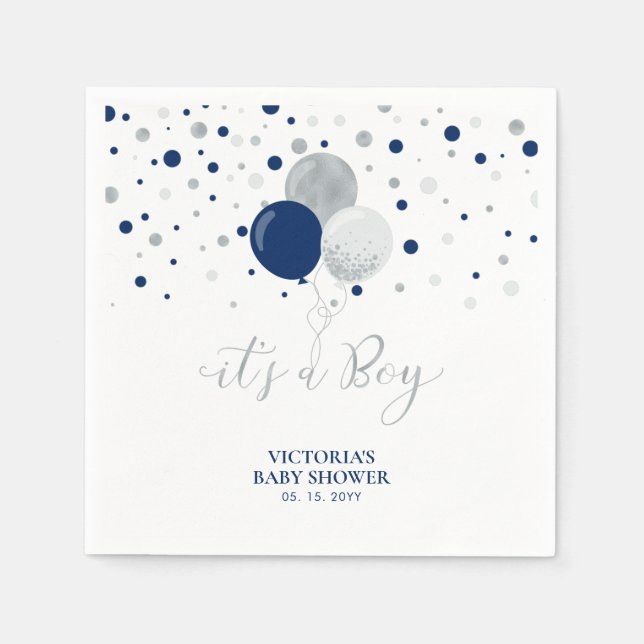 Silver & Navy Blue It's a Boy Baby Shower Napkins (Front)