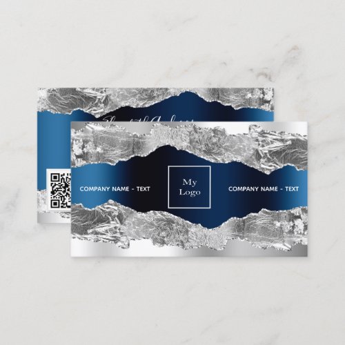 Silver navy blue metal agate marble logo QR code Business Card