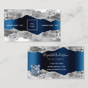 Silver navy blue metal agate marble logo QR code Business Card