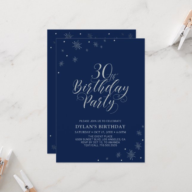 Silver & Navy Blue Modern Chic 30th Birthday Party Invitation (Front/Back In Situ)