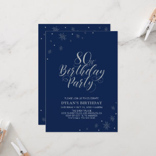 Silver & Navy Blue Modern Chic 80th Birthday Party Invitation