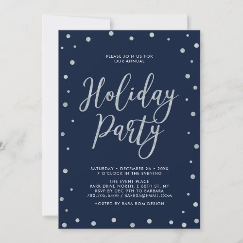 Silver  Navy Blue Modern Confetti Holiday Party Invitation