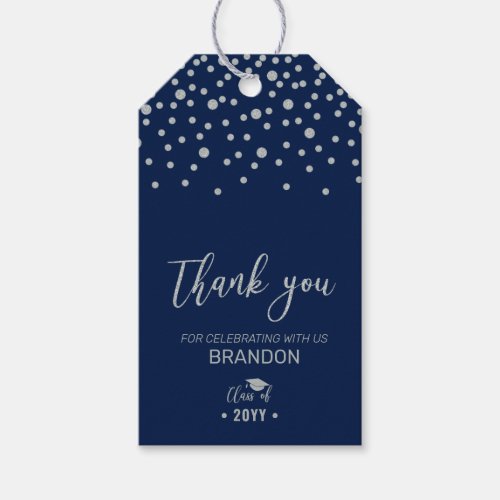 Silver  Navy Blue Modern Graduation Party Favor Gift Tags