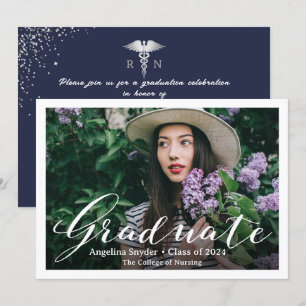 Silver Navy Blue Nursing School Graduation Photo Invitation