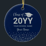 Silver & Navy Blue Photo Graduation Christmas Gift Ceramic Ornament<br><div class="desc">This modern graduation ceramic ornament features silver typography "Class of 20YY" and a graduation cap graphic with confetti background. You can customize the text. More color options and custom graduation gifts are available at my shop BaraBomDesign.</div>