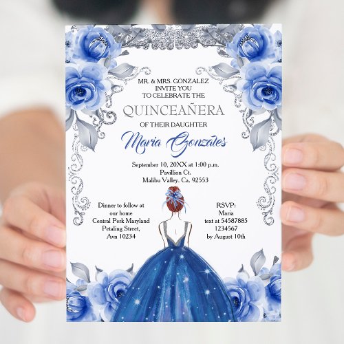 Silver Navy Blue Quinceanera Invitation