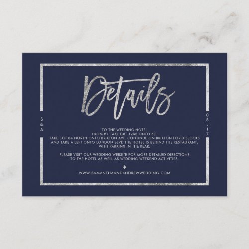 Silver navy blue script wedding direction enclosure card