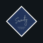 Silver & Navy Blue Seventy 70th Birthday Party Napkins<br><div class="desc">This custom paper napkin will add stylish detail to your 70th birthday celebration. This design features simple chic silver lettering "Seventy" with navy blue background. Matching invitations and party supplies are available in my shop BaraBomDesign.</div>