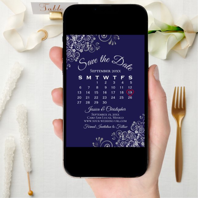 Silver & Navy Blue Simple Elegant Wedding Calendar Save The Date (Front Digital)