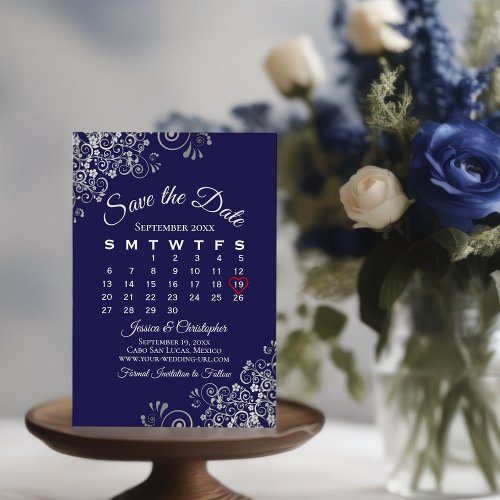 Silver  Navy Blue Simple Elegant Wedding Calendar Save The Date