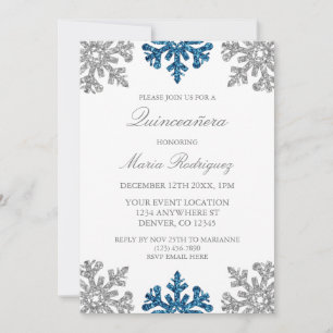 Silver Navy Blue Snowflake Winter Quinceanera Invitation