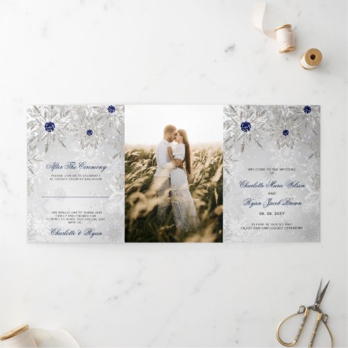 Silver Navy Blue Snowflake Winter Wedding   Tri_Fold Program