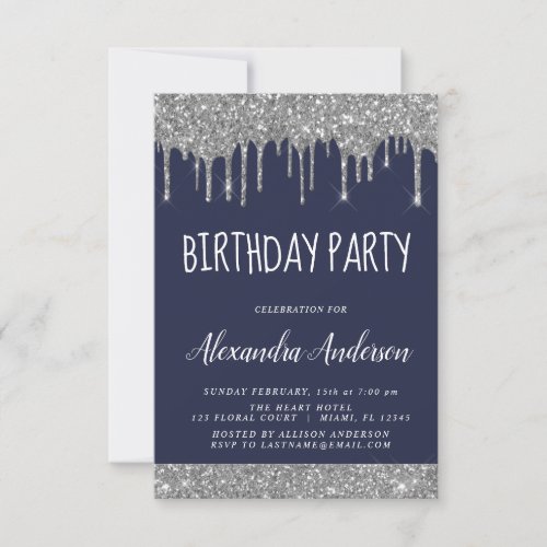 Silver Navy Blue Sparkle Glitter Any Age Birthday Invitation