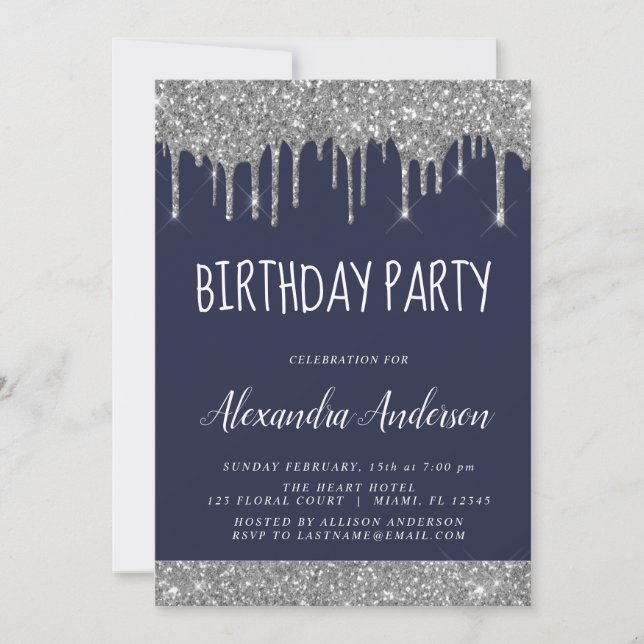 Silver Navy Blue Sparkle Glitter Any Age Birthday Invitation (Front)