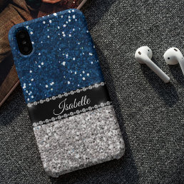 Silver Navy BLue Sparkle Look Bling Personalized Case-Mate iPhone 14 Pro Max Case
