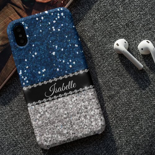 Silver Navy BLue Sparkle Look Bling Personalized Case_Mate iPhone 14 Pro Max Case