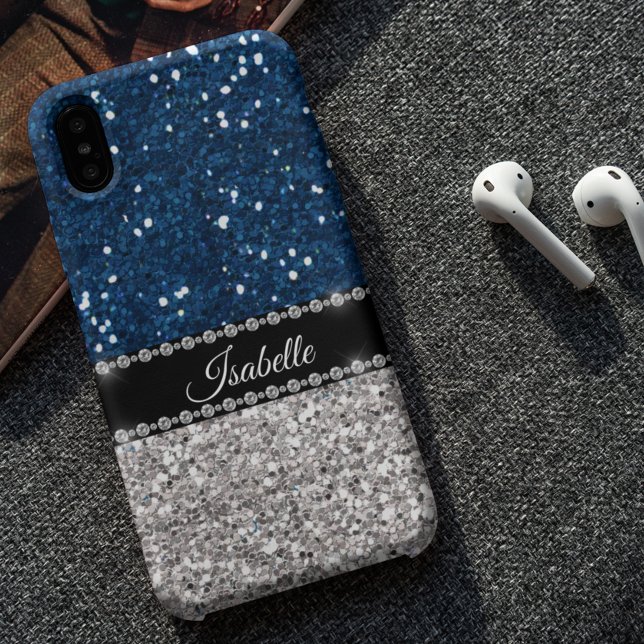 Silver Navy BLue Sparkle Look Bling Personalized Case-Mate iPhone Case
