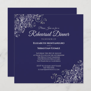 Silver & Navy Blue Square Wedding Rehearsal Dinner Invitation