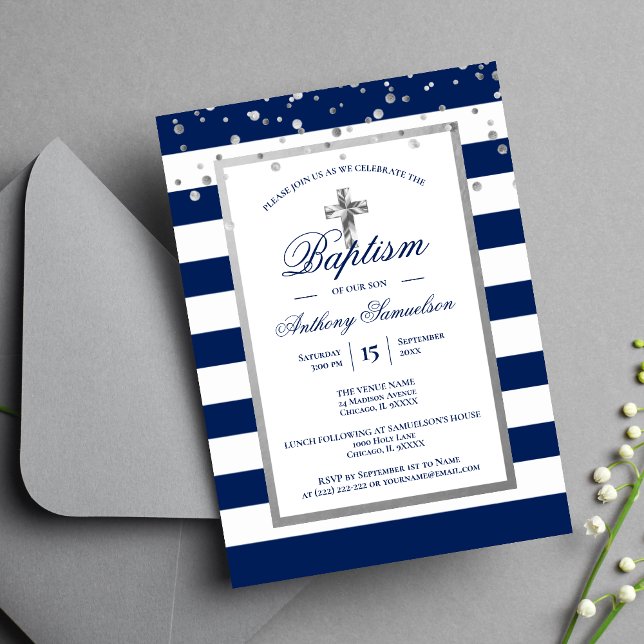 Silver Navy Blue Stripes Baptism Christening Boy Invitation (Creator Uploaded)