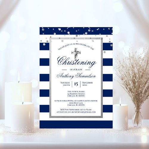 Silver Navy Blue Stripes Baptism Christening Boy Invitation