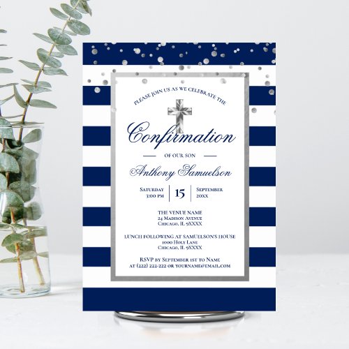 Silver Navy Blue Stripes Confirmation Boy Invitation
