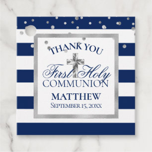 Silver Navy Blue Stripes First Holy Communion Boy Favor Tags