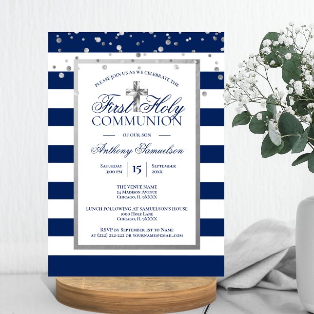 Silver Navy Blue Stripes First Holy Communion Boy Invitation (Silver Navy Blue Stripes First Holy Communion Boy Invitation)