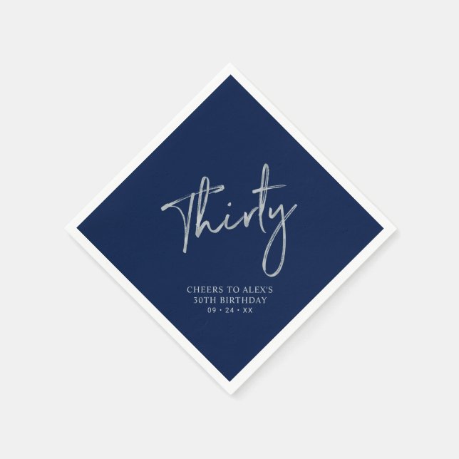 Silver & Navy Blue Thirty 30th Birthday Party Napkins (Corner)