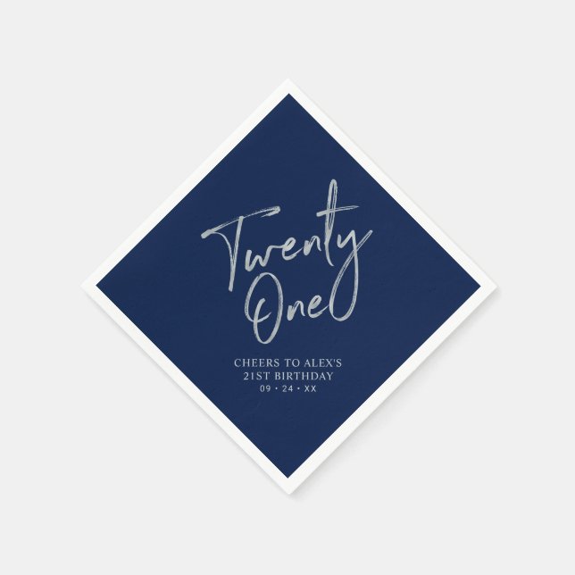 Silver & Navy Blue Twenty One 21st Birthday Party Napkins (Corner)