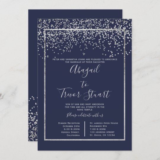 Silver navy blue typography confetti wedding invitation | Zazzle.com