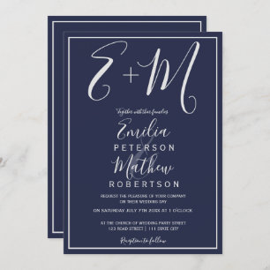 Silver navy blue typography initials wedding invitation