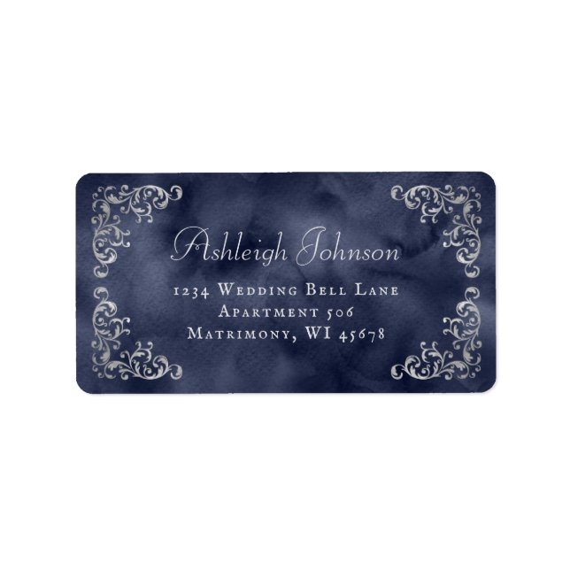 Silver Navy Blue Wedding RSVP Return Address Label (Front)