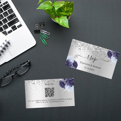 Silver navy blue wedding website RSVP QR code Enclosure Card