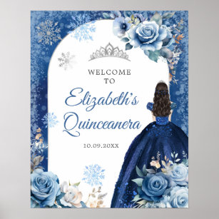Silver Navy Blue Winter Snowflake Xv Anos Welcome Poster