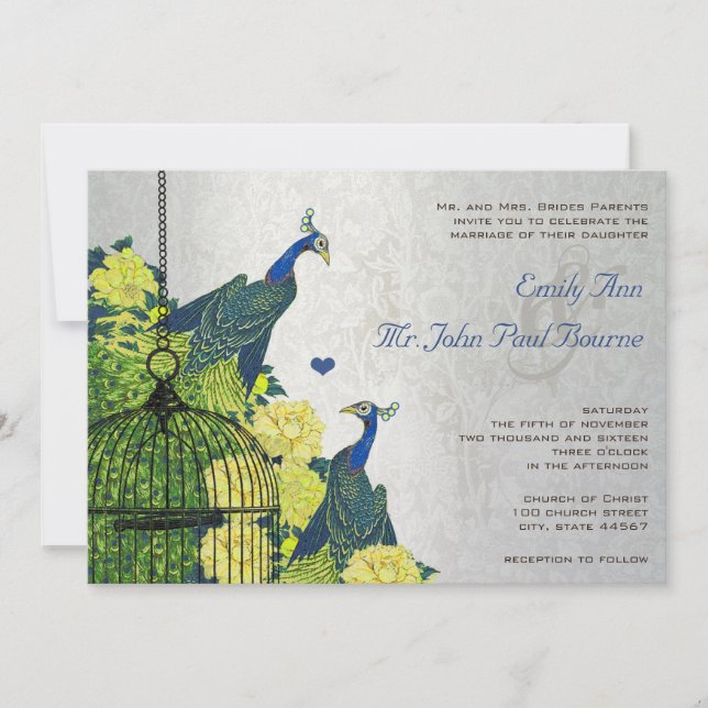 Silver Navy Blue Yellow Vintage Peacock Birdcage Invitation (Front)