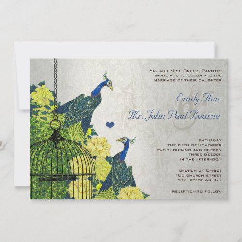 Silver Navy Blue Yellow Vintage Peacock Birdcage Invitation