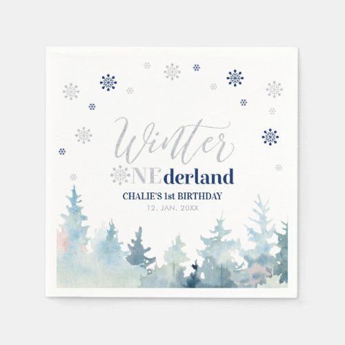 Silver  Navy  Boy Winter Onederland 1st Birthday Napkins