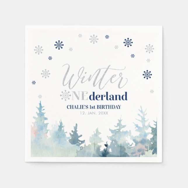 Silver & Navy  Boy Winter Onederland 1st Birthday Napkins (Front)