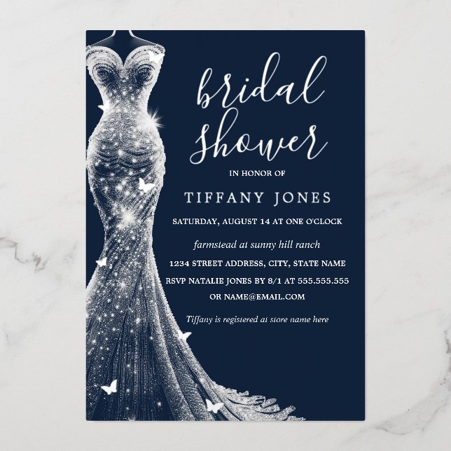 Silver Navy Butterfly Dress Bridal Shower  Foil Invitation (Front)