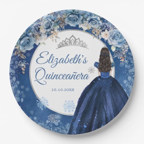 Silver Navy Christmas Snowflake Girls Quinceanera Paper Plates