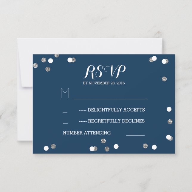 Silver Navy Confetti Elegant Wedding RSVP Cards (Front)