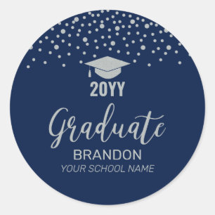 Silver Navy Confetti Modern Graduation Party Favor Classic Round Sticker