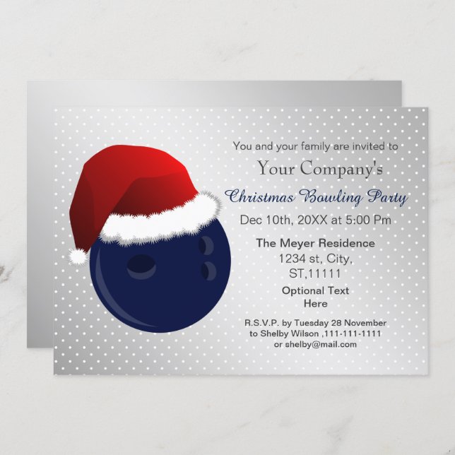 silver navy Corporate holiday Bowling party Invite (Front/Back)