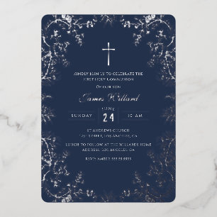 Silver Navy Cross Vintage First Communion Foil Invitation