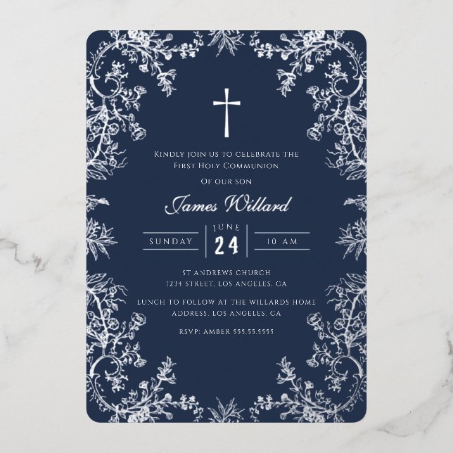 Silver Navy Cross Vintage First Communion Foil Invitation (Front)